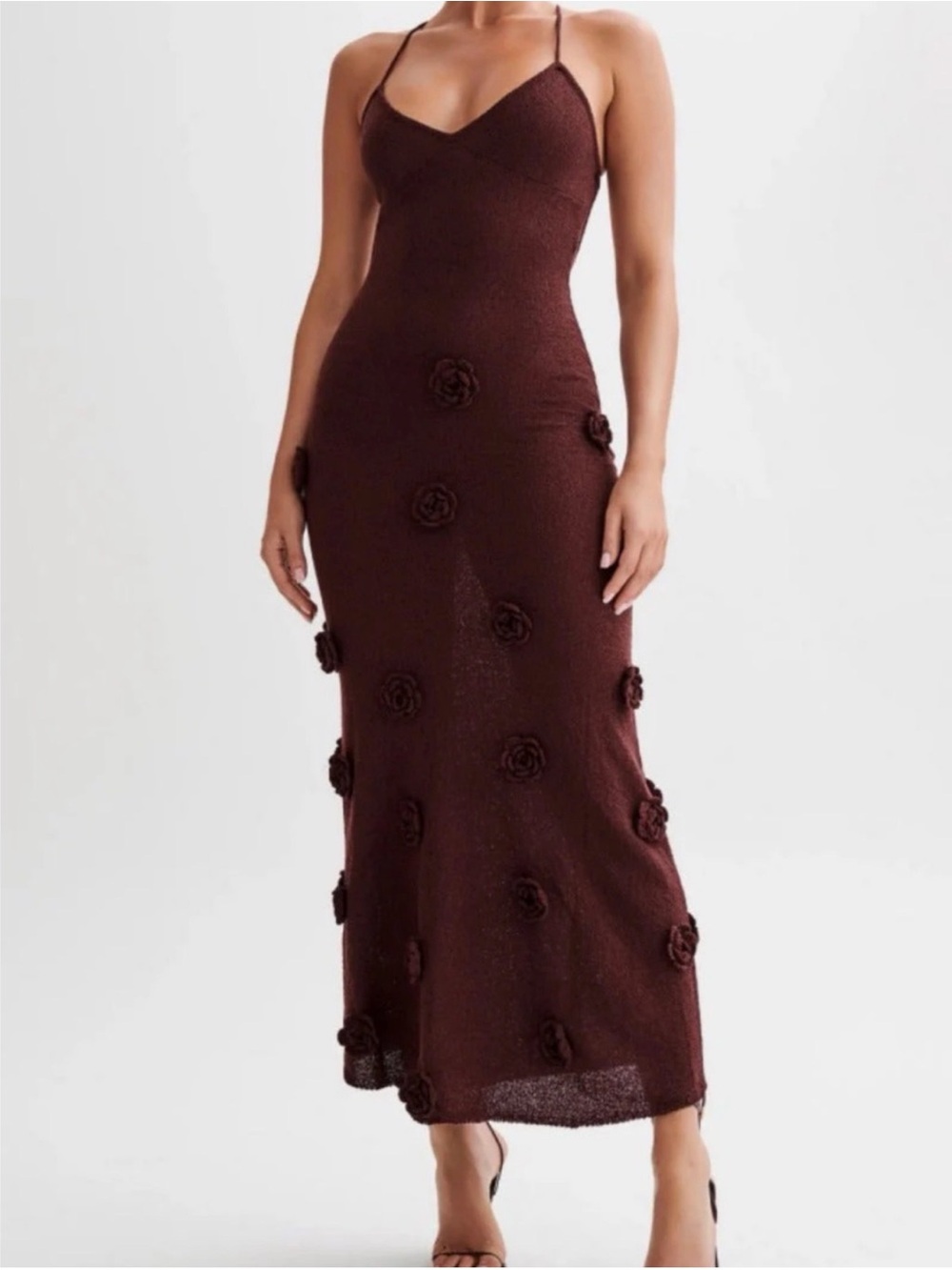 MESHKI Brown Floral-Appliqué Slip Maxi Dress